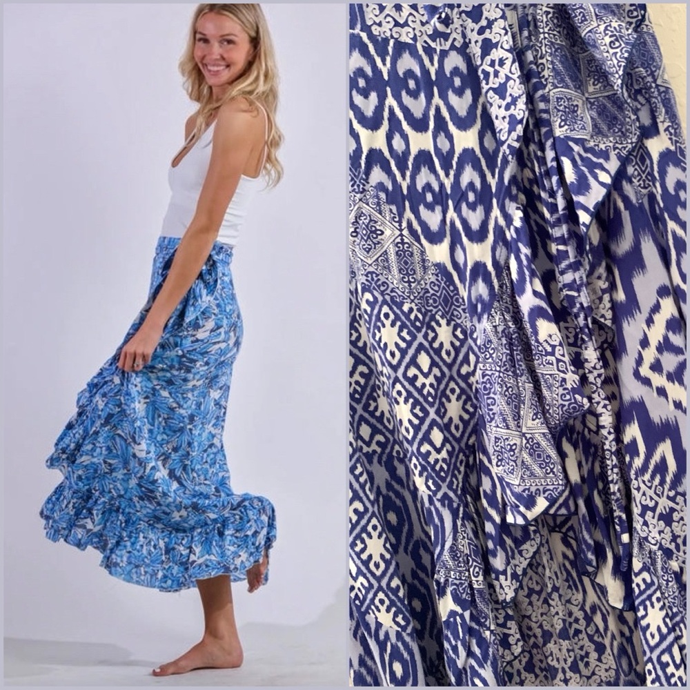 Sea Lustre Blue White Aztec Floral Ruffle Honey Wrap Maxi Skirt